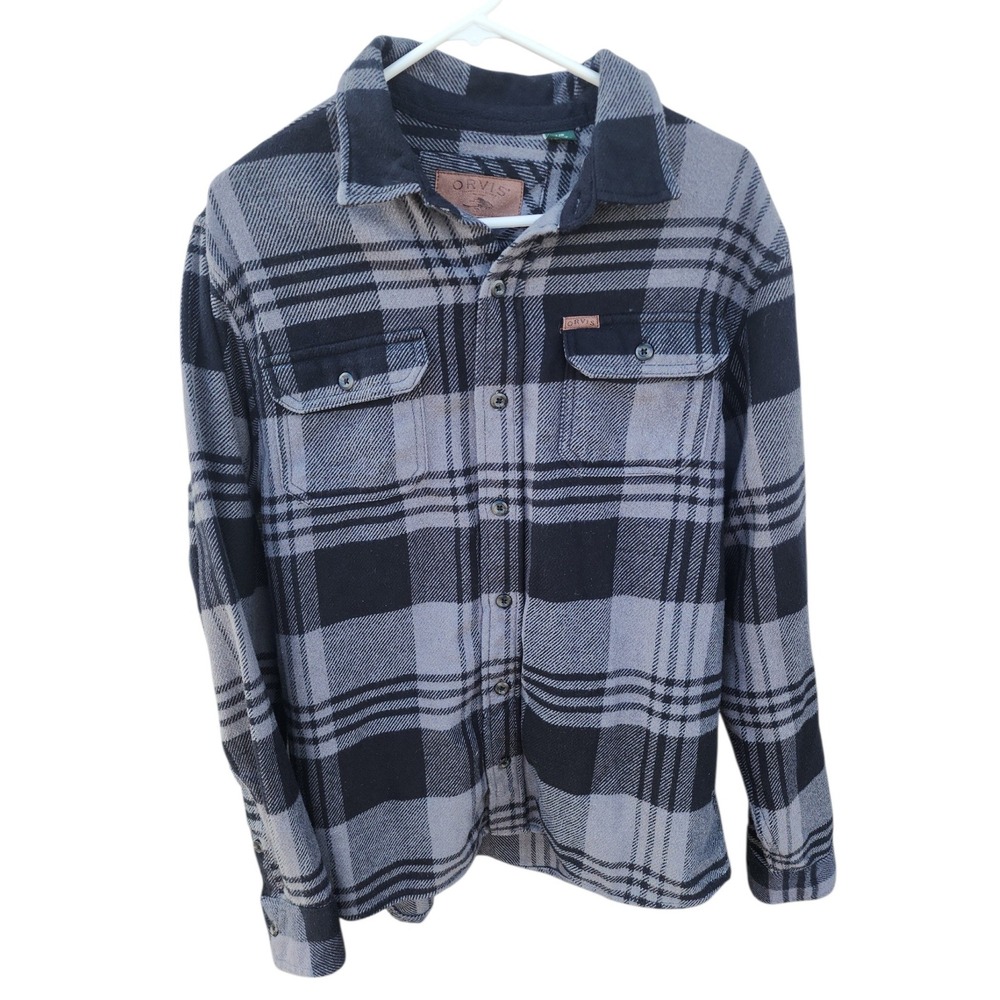 Orvis Mens Large Grey Black Plaid Flannel Button Down Shirt Classic Collection